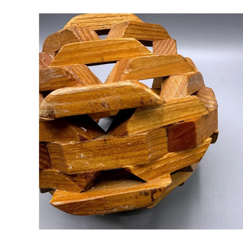 Vintage Folk Art Geometric Interlocking Wood Planter Basket MCM Handle Brown 9in
